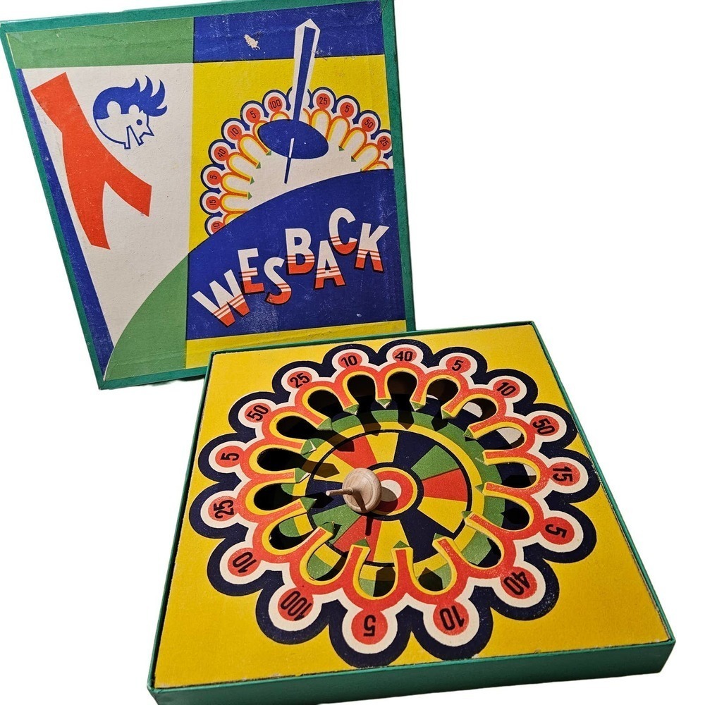 Vintage Wesback Spinning Top Game Vibrant Cardboard Wood Spinner